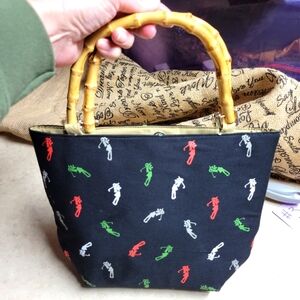 Vintage Liz claiborne bag golfer print blue background bamboo handles